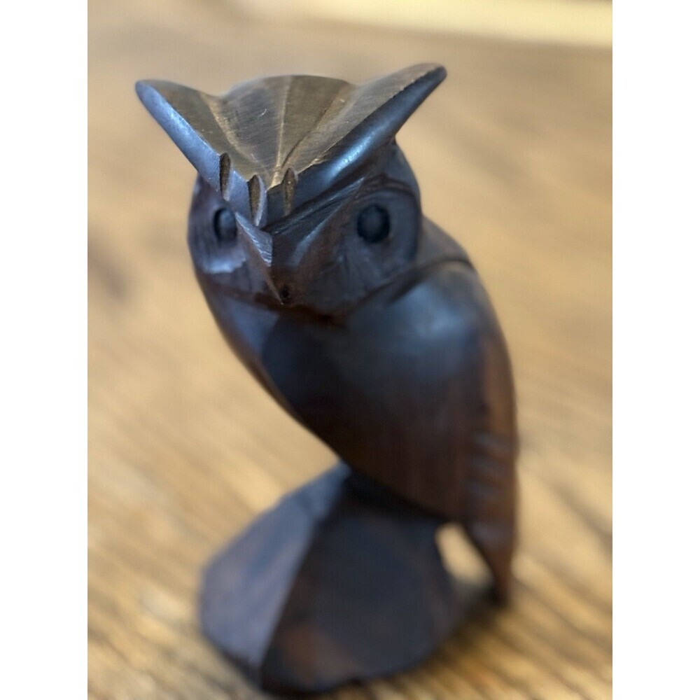 Vintage Hand-Carved Ironwood Horned Owl Mid-Century Modern Decor Figurine